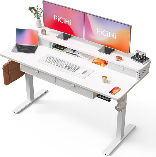 FiCiHi Electric Standing Desk with Four Drawers, Adjustable Height Sit Stand Desk, C-Clamp Compatible Home Office Desk with Storage Shelf & Monitor Stand Riser, 55 x 24 Inch, White