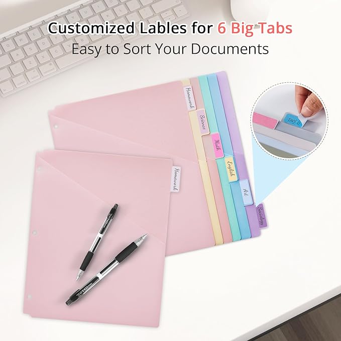 6-Tab Letter Size Dividers for 3 Ring Binder, Wheat Straw Binder Dividers with One Pocket, 6 Pastel Colors, Perfect for School, Office Supplies (2)