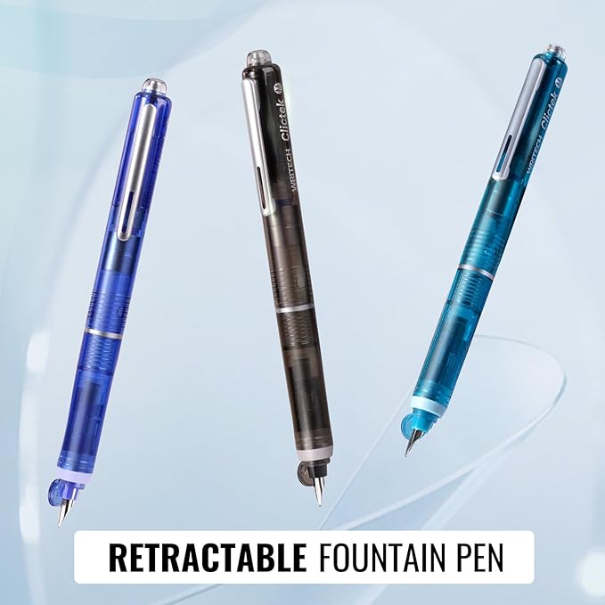 WRITECH Clictek Fountain Pen Retractable: Medium Nib Blue Ink Transparent Barrel Includes 5 Refillable Ink Cartridges, Smooth Writing No Leaking