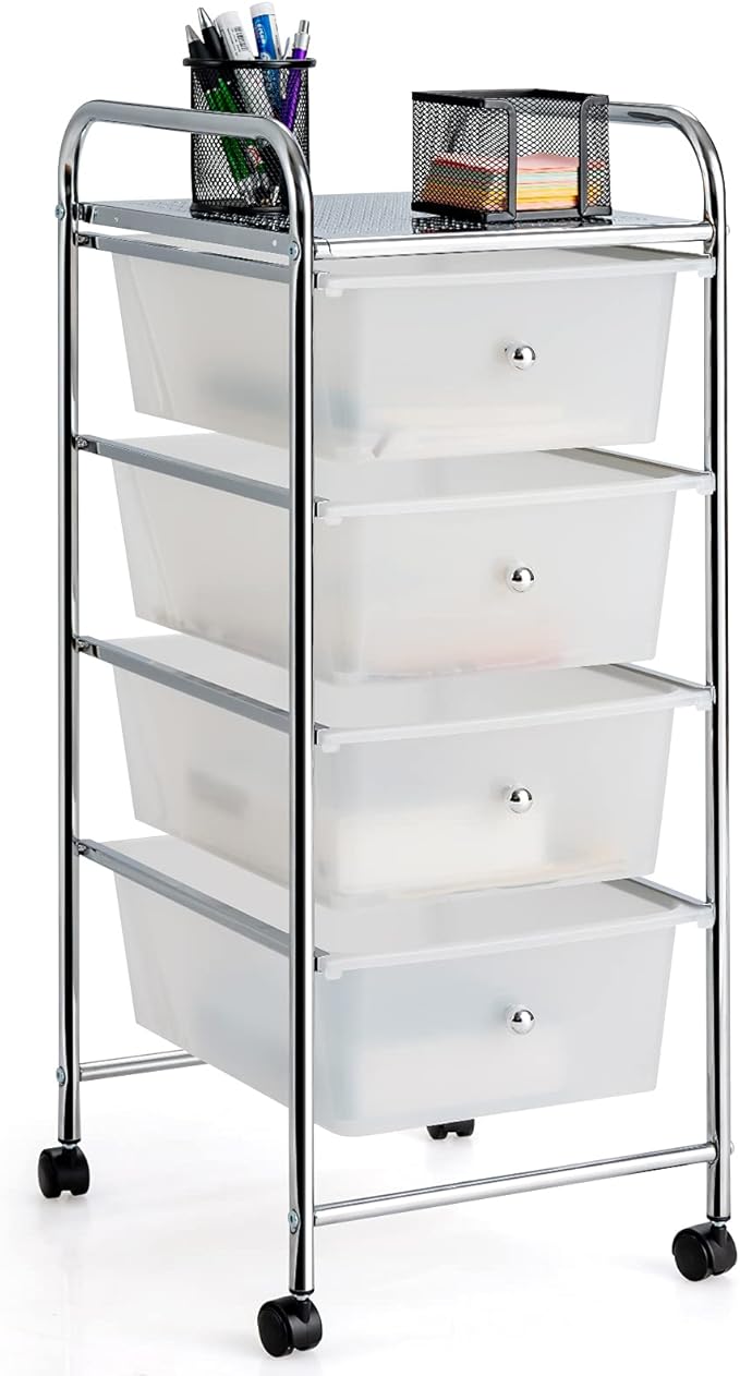 Giantex Rolling Cart with Drawers, Craft Organizer with Wheels, 4 Drawer Storage Container Bins for Home School Office Scrapbook Paper Tools, Clear White