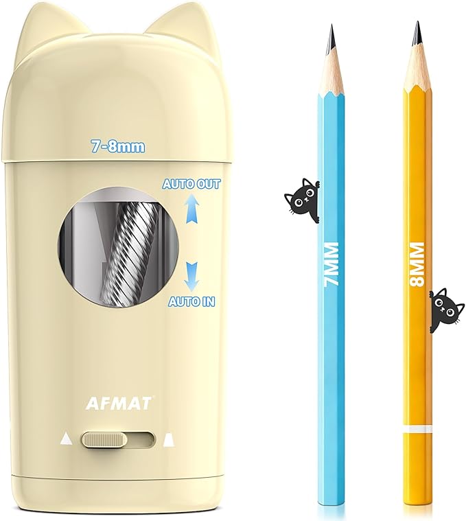 AFMAT Electric Pencil Sharpener, Colored Pencil Sharpener for φ7-8mm Pencils, Auto in & Out, Rechargeable & Cordless, Fully Automatic Hands-Free Pencil Sharpeners for Classroom Home Office PSX9