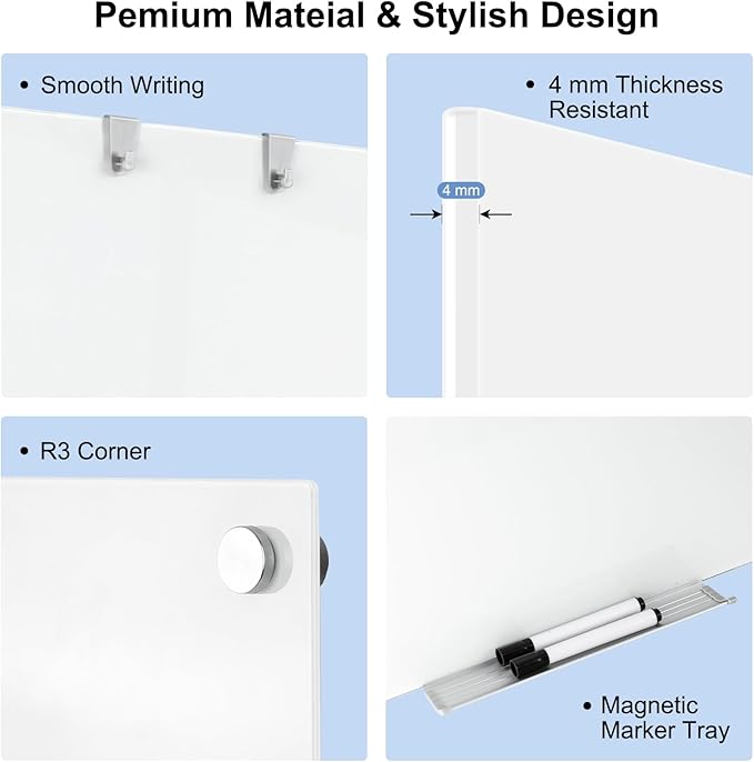 Large Glass Whiteboard, 96 x 48 Inches Magnetic Glass Dry Erase Board for Wall, 8' x 4' Brilliance White Board for Office, Home, School