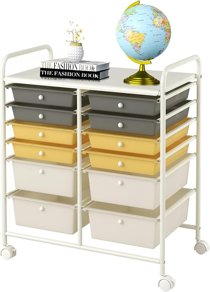 Happygrill 12-Drawer Rolling Storage Cart, Multipurpose Storage Cart W/Lockable Wheels, 2 Sizes Plastic Drawers & Metal Shelf, Mobile Utility Cart for Home Office School