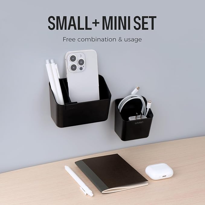 loukin Magnetic & Adhesive Dry Erase Marker Holder with Divider, 1 Small + 1 Mini, Magnetic Storage Organizer for Whiteboard or Refrigerators (Black)