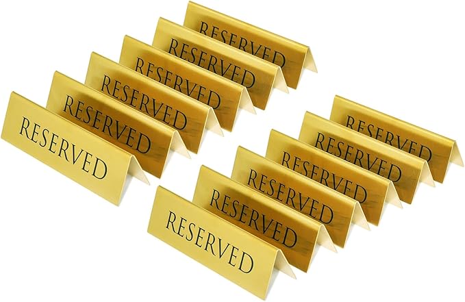Golden Metal Table Top Reserved Sign for Restaurants, Wedding, Ceremony and Events, Double Sided Tent, 6x1.75 inches (Pack of 12)