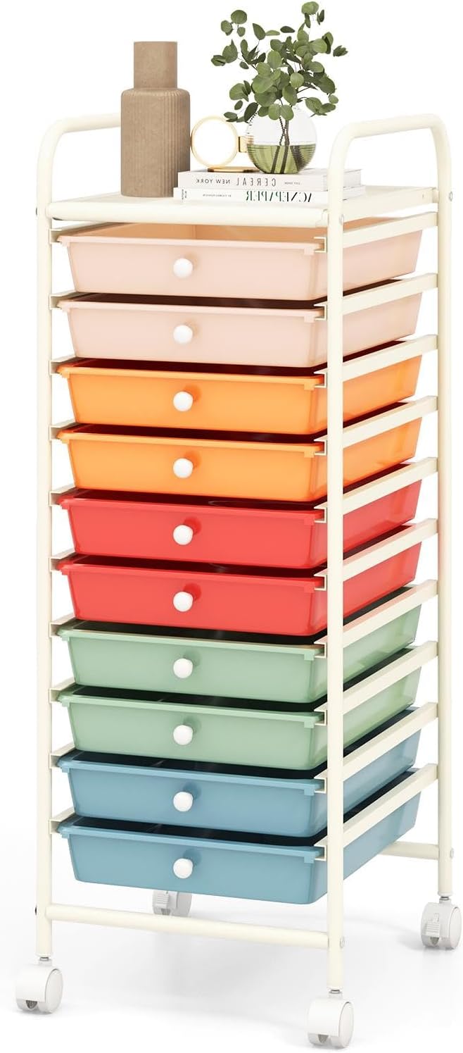 GLACER 10 Drawers Rolling Cart, Storage Cart with w/Removable Drawers & Steel Frame, Utility Mobile Trolley w/Universal Casters & 2 Brakes, Organizer Cart for Home, School, Office (Macaron)