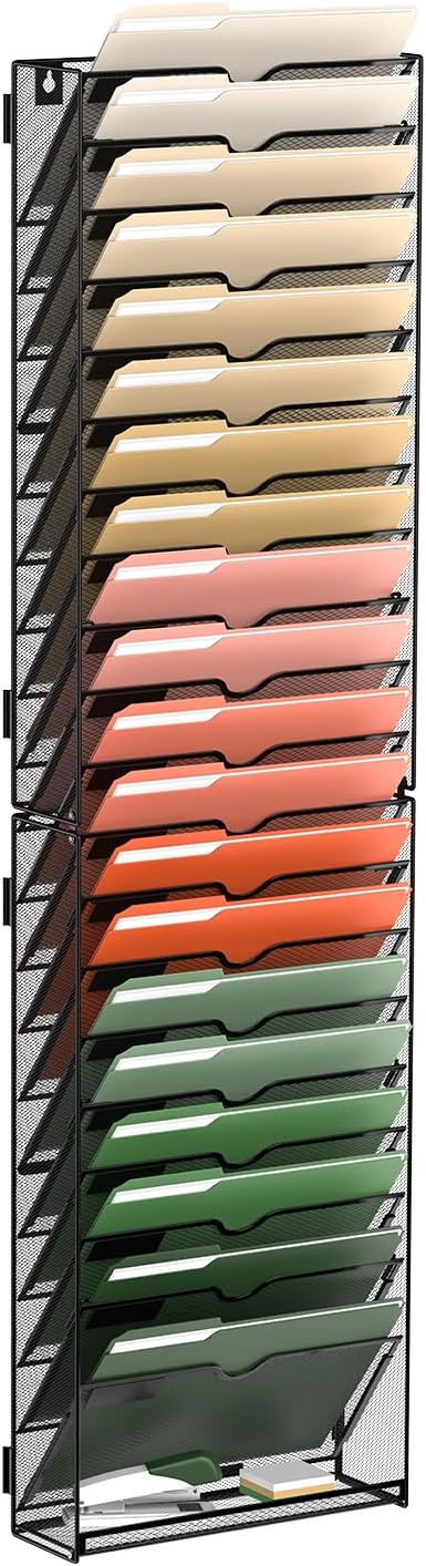 SUPEASY Wall File Organizer Mesh Office Mail Holder, Hanging Wall Organizer Magazine Rack for Office Black, 21 Tier
