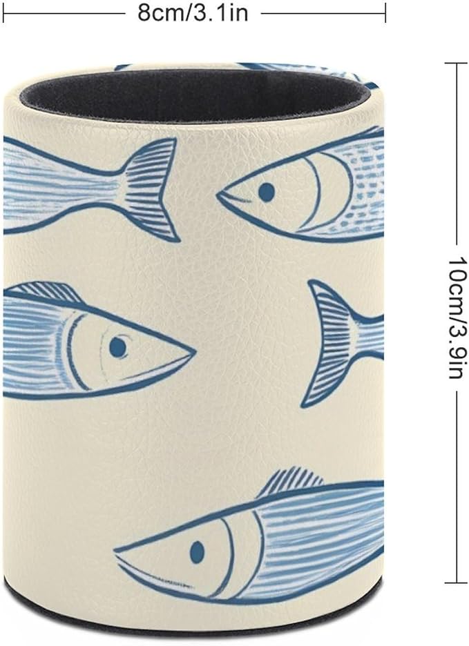 Sardine Fish Pencil Holder Leather Desk Organizer Stand Round Pen Cup Container for Home Office