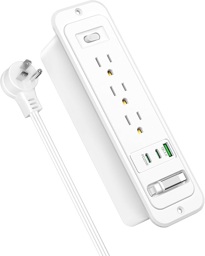 Recessed Power Strip with Retractable USB C Cable,2 PD 20W USB C,Flush Mount Countertop Drawer Outlet, Furniture Hidden Outlet for Side Table,End Table,3 Outlets (White, 6FT-20W USB)