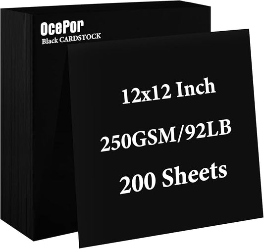 OcePor 200 Sheets Black Cardstock 12” x 12”, 92lb/250gsm Black Card Stock, Thick Card Stock Paper, Heavy Cardstock Paper for Printer, Resume, Scrapbooks, Art, Crafts, Business Cards