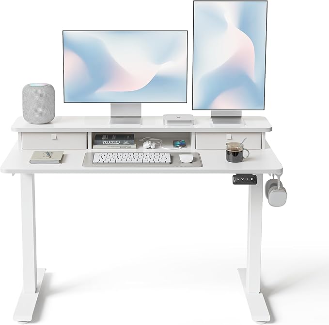 FEZIBO 48 x 24 Inch Height Adjustable Electric Standing Desk with Double Drawer, Stand up Home Office Computer Desk with 4 Height-Adjustable Feets & 2 Hooks, White