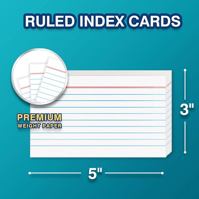 H4D 3x5 Index Card Holder with 100 Heavyweight Ruled Index Cards and 25 Plastic Dividers, Red