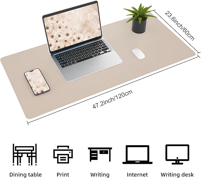 AFIING Leather Desk pad Protector, Large Non-Slip Office Desk Mat with Natural Cork & PU Leather, Waterproof Writing Mouse Pad for Office and Home (47in*23in, Beige)