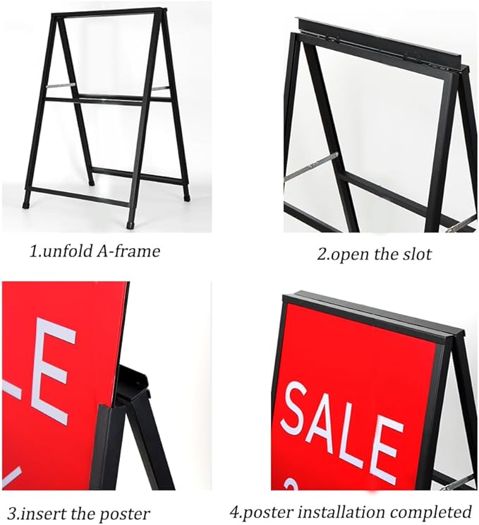DISPLAYSWORKER Heavy Duty A-Frame Sidewalks Signs 24x36 Inch ,outdoor Sandwich Board Sign Black Coated Steel Metal Double-Sided，Slide-in Folding with 2 Corrugated Plastic Poster Boards&2 Anti-Glare