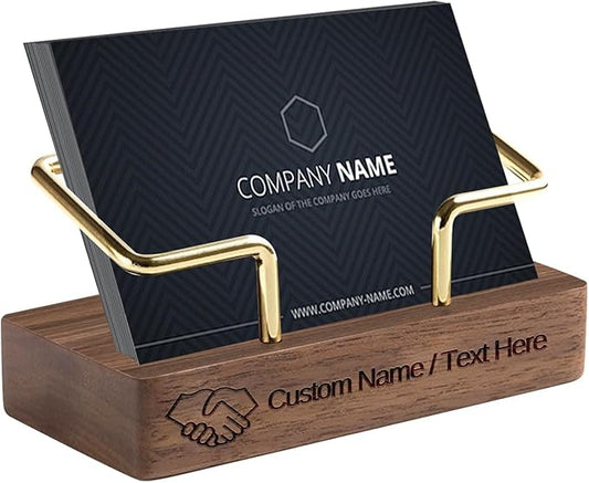 HJX Custom Business Card Holder Desk-Personalized Engraved Wooden Business Card Case Holder, Customized Name Logo Business Card Display Gifts for Men Women (Black - Walnut)