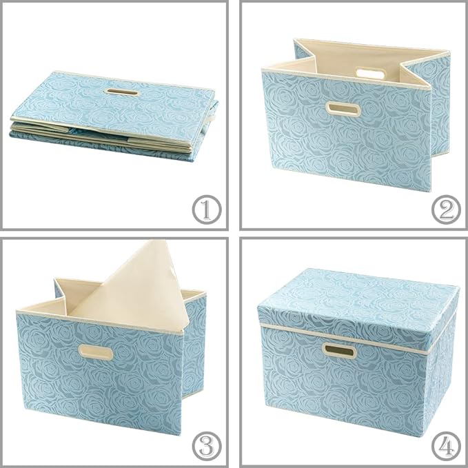 PRANDOM Large Collapsible Storage Boxes with Lids [5-Pack] Fabric Decorative Storage Bins Cubes Organizer Containers Baskets with Cover Handles for Bedroom Closet Nursery Blue 17.5x11.8x11.8 Inch