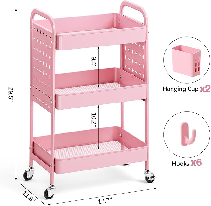 KINGRACK 3 Tier Rolling Cart with DIY Hanging Board, Metal Rolling Utility Cart with Wheels Handles Baskets Hooks, Rolling Storage Cart Suitable for Bathroom, Kitchen, Office, Nursery Diaper (Pink)