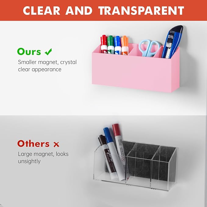 Banafich Magnetic Dry Erase Marker Holder, Acrylic Magnet Pen Holder for Whiteboard, Refrigerator, Magnetic Fridge Organizer for Office, Classroom, Whiteboard Maker Holder, Locker Organizer-Pink