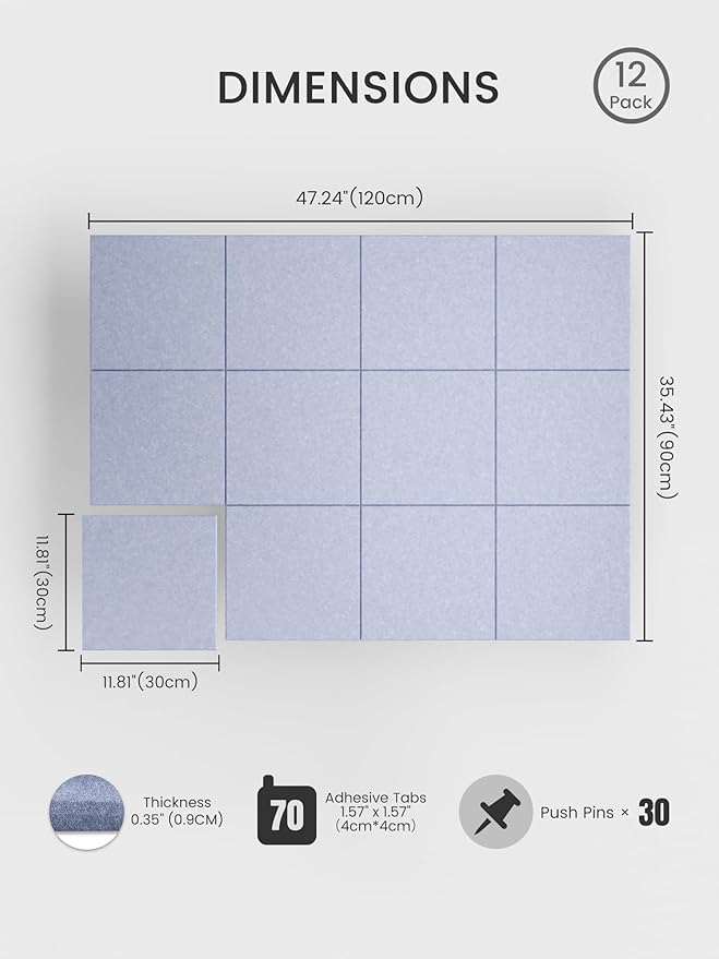Bumusty Large Cork Board 47"x35" Alternative - 12 Pack Felt Wall Tiles with 70 Safe Removable Adhesive Tabs, 30 Pushpins, Cork Boards for Walls Pin Board Bulletin Board Office Decor (Soft Periwinkle)
