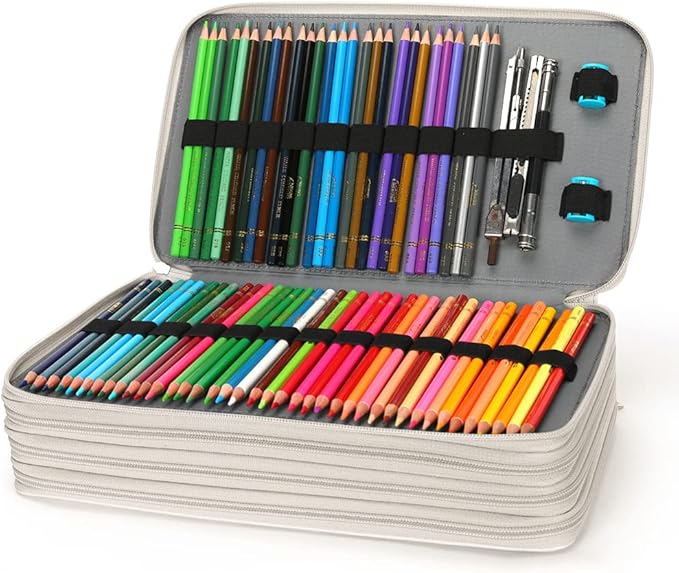 Vomgomfom Large Capacity Pencil Holder with Zipper Closure Twill Fabric Case for 300 Colored Pencils or 200 Gel Pen, Artist Organizer (Gray Rose)