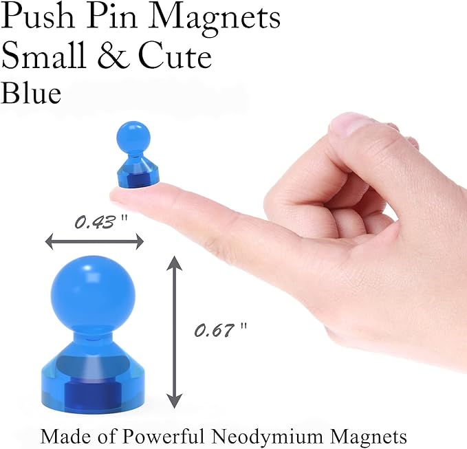MHDMAG Magnetic Push Pins Powerful Push Pin Magnets for Fridge Whiteboards Calendars Maps in School & Office Pack of 32,Blue