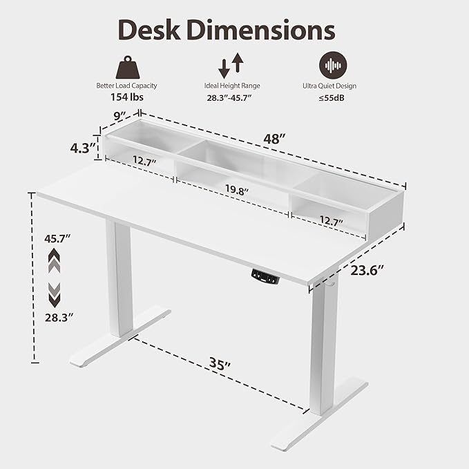 Agilestic Glass Standing Desk with Storage, 48 Inch Electric Adjustable Desk with Glass Shelf, Sit Stand Up Home Office Computer Table, Splice Board, White