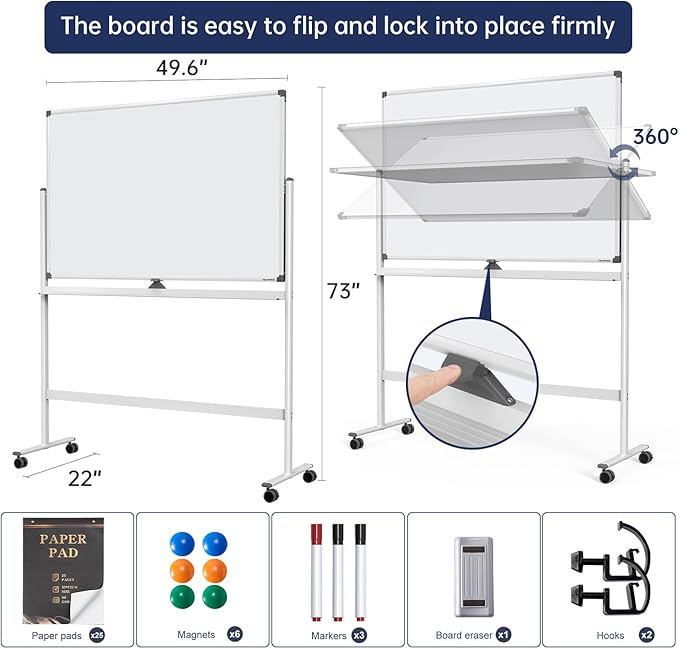Large Dry-Erase Rolling Magnetic Whiteboard - 48 x 32 Inches Dry Erase Board with Stand Height Adjust Double Sides Mobile White Board Easel on Wheels with 25 Sheets Paper Pad Office, Home & Classroom