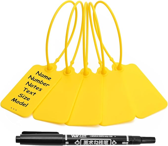 50 Yellow Blank Plastic Tags for Labeling Waterproof Hanging Labels Writable Tags Seal Plastic Marking Label for Clothes Bags Keys Inventory with One Marker Pen