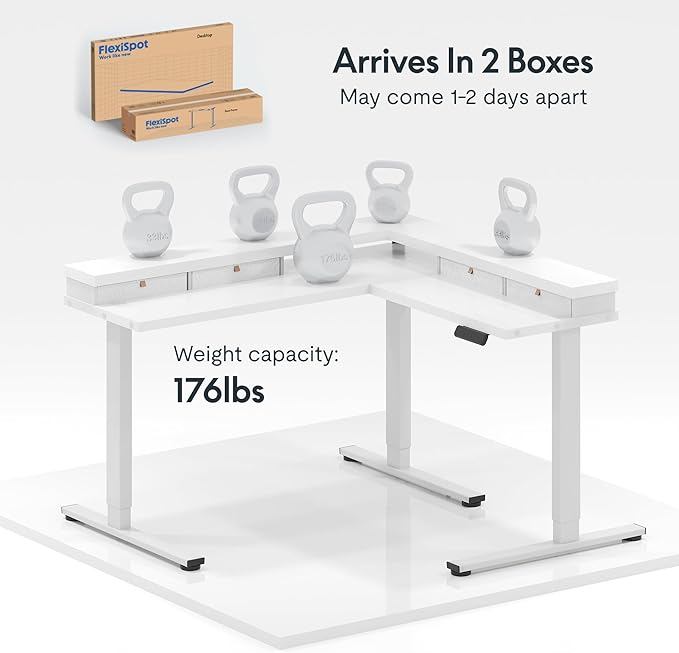 FLEXISPOT 71" Large L Shaped Standing Desk Electric Corner Table with Shelf, 4 Storage Drawers, Adjustable Computer Workstation for Home, Office, Game, Studio, White Top + White Frame