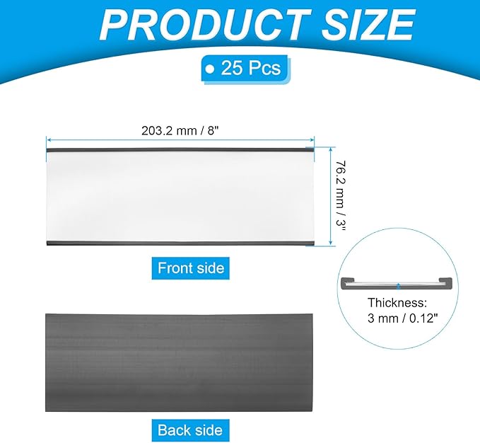 PATIKIL Magnetic Label Holder 8" x 3" with Paper Inserts, 25 Pcs C Channel Magnetic File Cabinet Labels Shelf Data Card Holder Signs for Metal Racks Shelves Whiteboard Tool Box