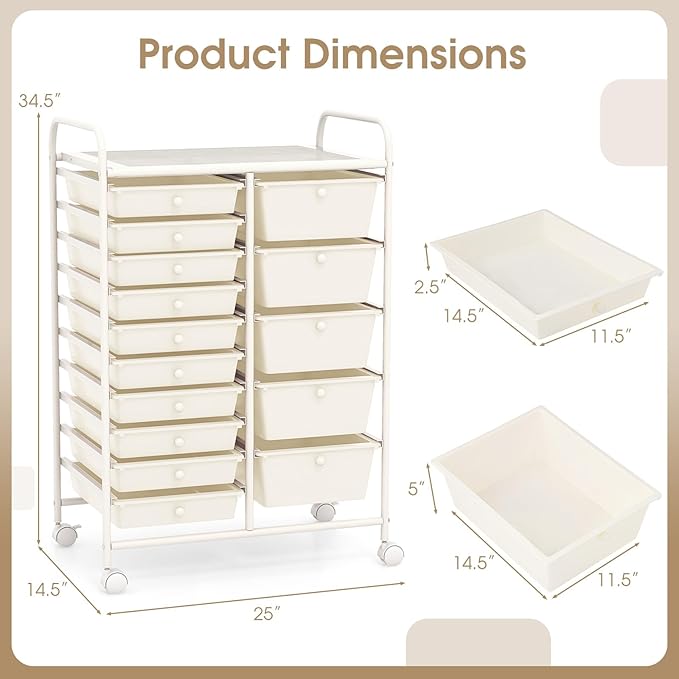DORTALA 15-Drawer Rolling Storage Cart with Drawers, Rolling Utility Cart w/Removable Drawers & Universal Wheels, Tools Scrapbook Paper Organizer for School, Office, Home, Classroom (Ivory)