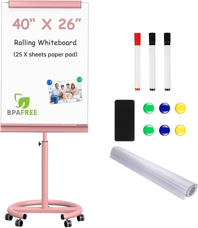 TSJ OFFICE Rolling Whiteboard Standing - 40 x 26 Inches Magnetic Mobile White Board with Stand, Height Adjustable Dry Erase Board on Wheels with Paper Clamp on Top, Pink