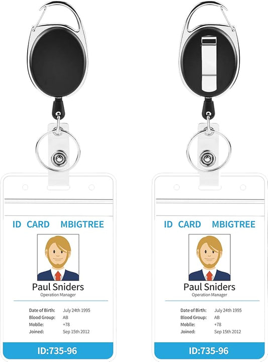 2 Pack ID Badge Holder,Badge Holder Retractable Clip with Carabiner Reel Clip and Key Ring for Men and Women