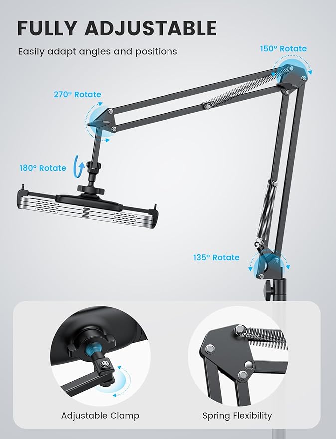 Lamicall Tablet Floor Stand Holder - [55" Height Adjustable][ Flexible Arm] Multi Angle Tablet Holder, 5lb Weighted Base Bed Mount for 4.7-13" Devices, iPad Pro Air Mini, Kindle, Tabs, E-Readers