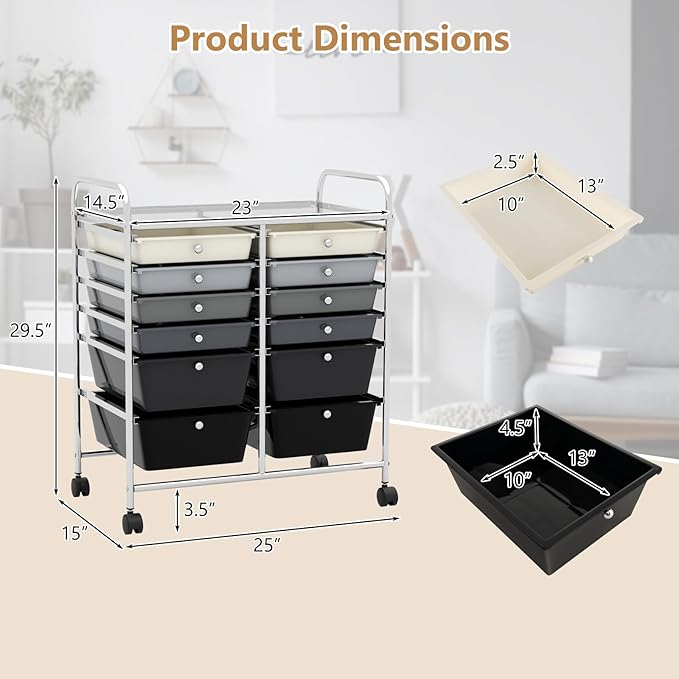 Happygrill 12-Drawer Rolling Storage Cart, Multipurpose Organizer Cart for Home Office School, Utility Cart with Wheels (Black Gradient)