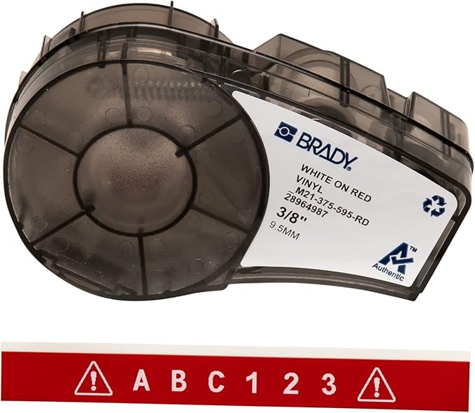 Brady Authentic (M21-375-595-RD) All-Weather Vinyl Label for Indoor/Outdoor ID, Lab and Equipment Labeling, White on Red- For M210, M210-LAB, M211, BMP21-PLUS and BMP21-LAB Printers, .375" W, 21' L