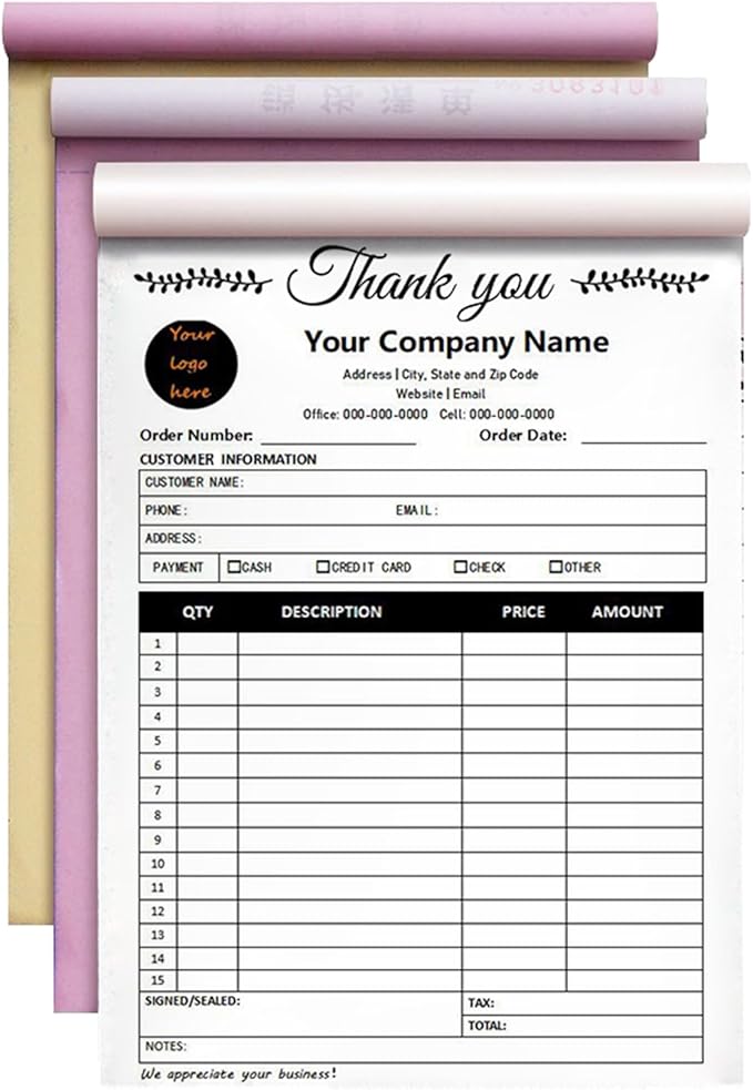 Custom Invoice Book in 3-Part /2-Part Receipt Book with Carbon Copies Personalized Carbonless Service Invoice Form Books Sales Order Book with Company Name Logo Address,C3-Thank You Receipt