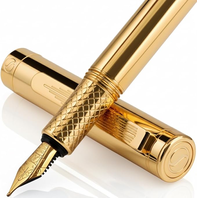 Scriveiner Gold Luxury Fountain Pen (Medium) - Award Winning - Heavy Pocket Stunning Luxury Pen, Real Gold Plating, German Nib & Converter, Nice Gift Pens for Men & Women