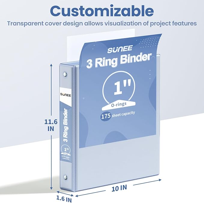 SUNEE 3 Ring Binder 1 Inch 1 Pack, Clear View Binder Three Ring PVC-Free (Fit 8.5x11 Inches) for School or Office Supplies, Haze Blue