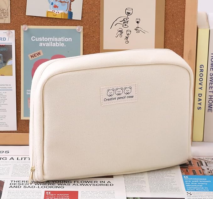 Fcteap Pencil Case Pouch Box Cute Kawaii Large Capacity Aesthetic Zipper Pen Holder Organizer Bag for Office Workspace Supplies Desk Accessories Travel (Off-White)