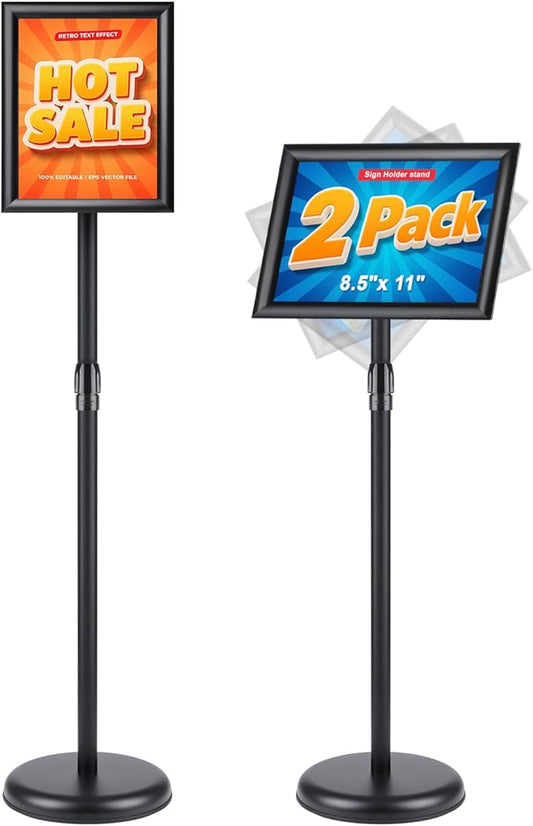 RedChili 2 Pack Sign Holder Stand 8.5x11 Inch, Adjustable Floor Standing Sign Holder Signage Stand with Aluminum Snap-Open Frame Vertical Horizontal View Display For Malls Schools Restaurants (Black, Sharp Corner)