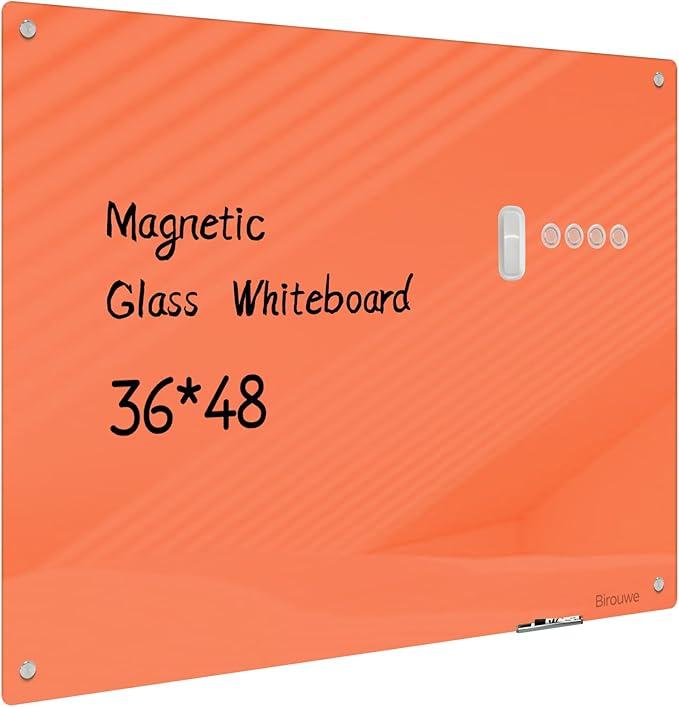 Magnetic Glass Whiteboard - Glass Dry Erase Board 48"x36" Large Frameless Glass Board for Walls Office School and Home, Orange
