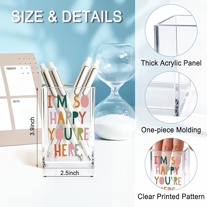 QYUVK I'm So Happy You're Here Acrylic Cosmetic Pencil Holder Cup, Funny Boho Pen Holder for Women, Home Office Classroom Desk Accessories, Inspirational Gifts for Daughter, Make up Brush Organizer