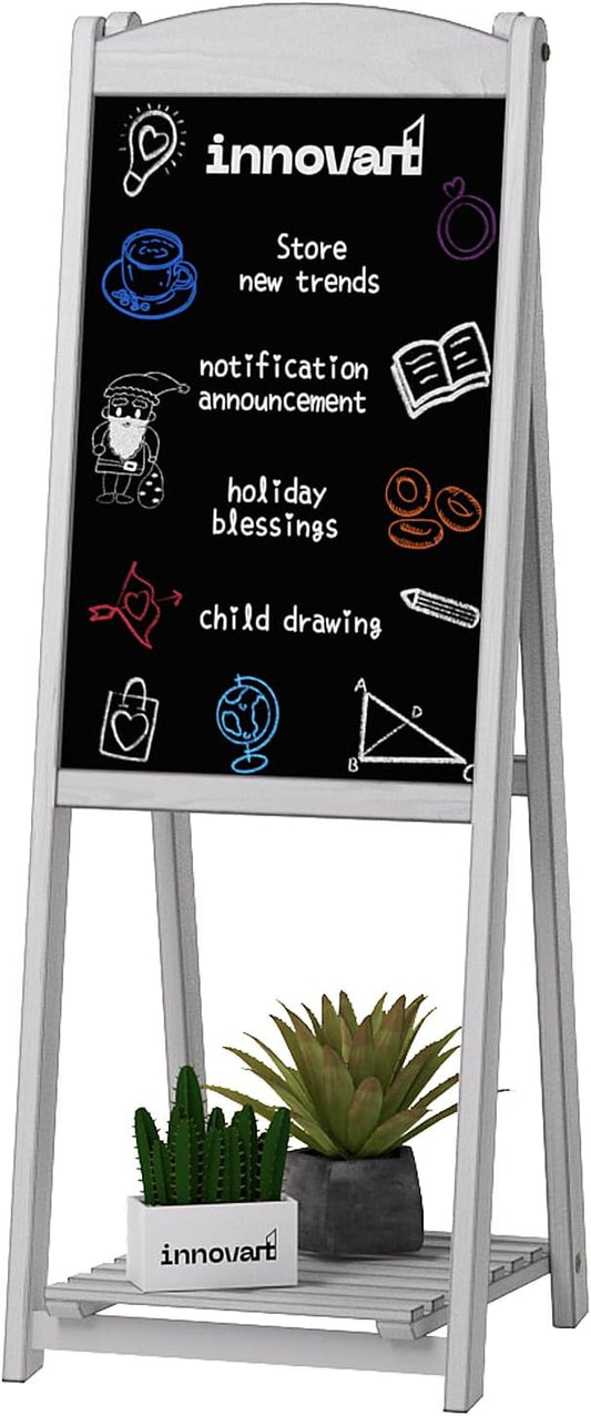 INNOVART Magnetic A-Frame Chalkboard Sign, Sidewalk Sign 45" x 17" With Display Shelf, Free Standing Easel for Restaurant, Business, Wedding or Events, White