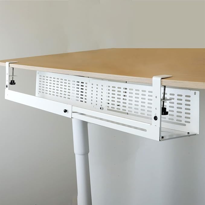 AEONS Under Desk Cable Management Tray Kit - Horizontal Adjustable up tp 41” Desk Organizer Removable C Clamp Mount Reversiable Computer Cord Raceway and Modesty Panel for Large Table, White/Beige
