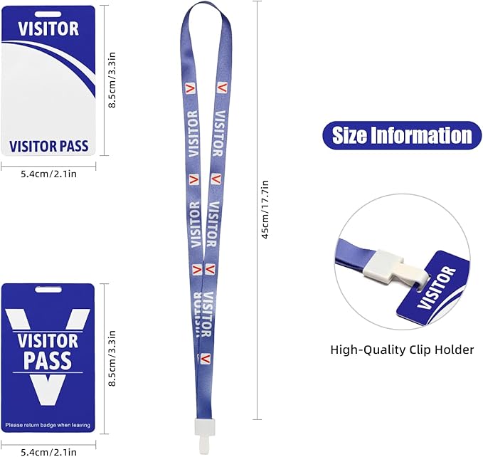 Visitor Badge Lanyards Volunteer Badge Holder with Clips (25 pcs) - Reusable Temporary ID Pass for Office, School, Events PVC Plastic Security Cards for Exhibition Guest by OSTENBIG (Blue)