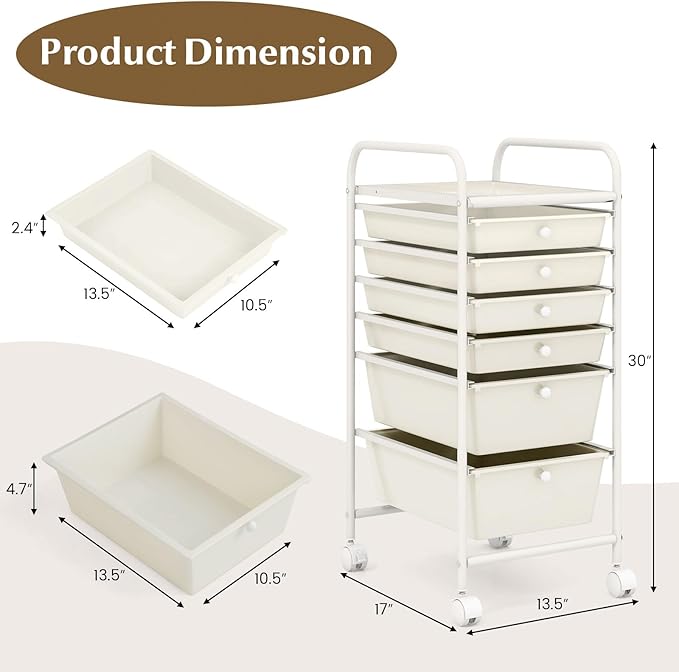 RELAX4LIFE 6-Drawer Rolling Storage Cart - Classroom Organization on Wheels w/Removable Plastic Drawers, Mobile Art Craft Cart for School Paper Home Office, Utility Cart with Drawers (White)