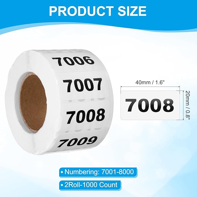 PATIKIL 0.8 x 1.6 Inch Inventory Number Sticker, 2 Roll 7001 to 8000 Consecutive Number Labels Self-Adhesive Labels Tag 1000 Stickers for Office Warehouse Numbering Classification, Black