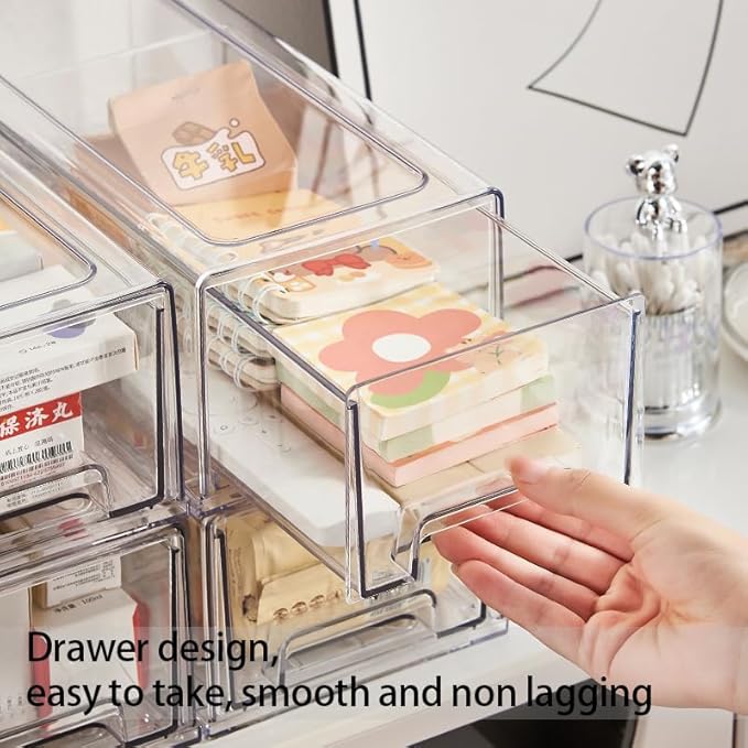 Sgoostood Pull Out Drawer Medicine Box for Safe Medication Storage, Large Refrigerator Storage Bin for Kitchen Food Safe, Tablet Box for Kids Home/Office Organize Ointments,2 Pack - Clear（ Medium）