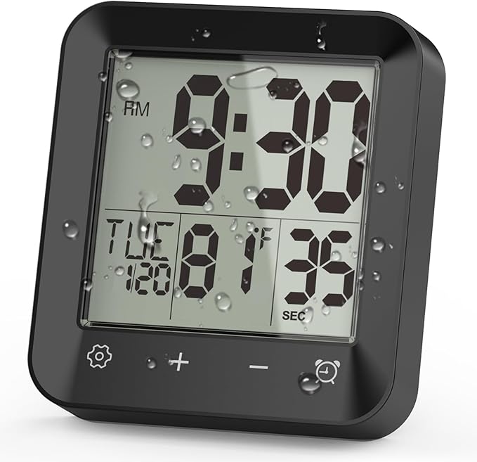 Wisoee Waterproof Shower Clock Timer, Bathroom Clock with Countdown, Touch Screen, Indoor Temperature, Suction Cup, LCD Digital Wall Clock for Bath, Kitchen